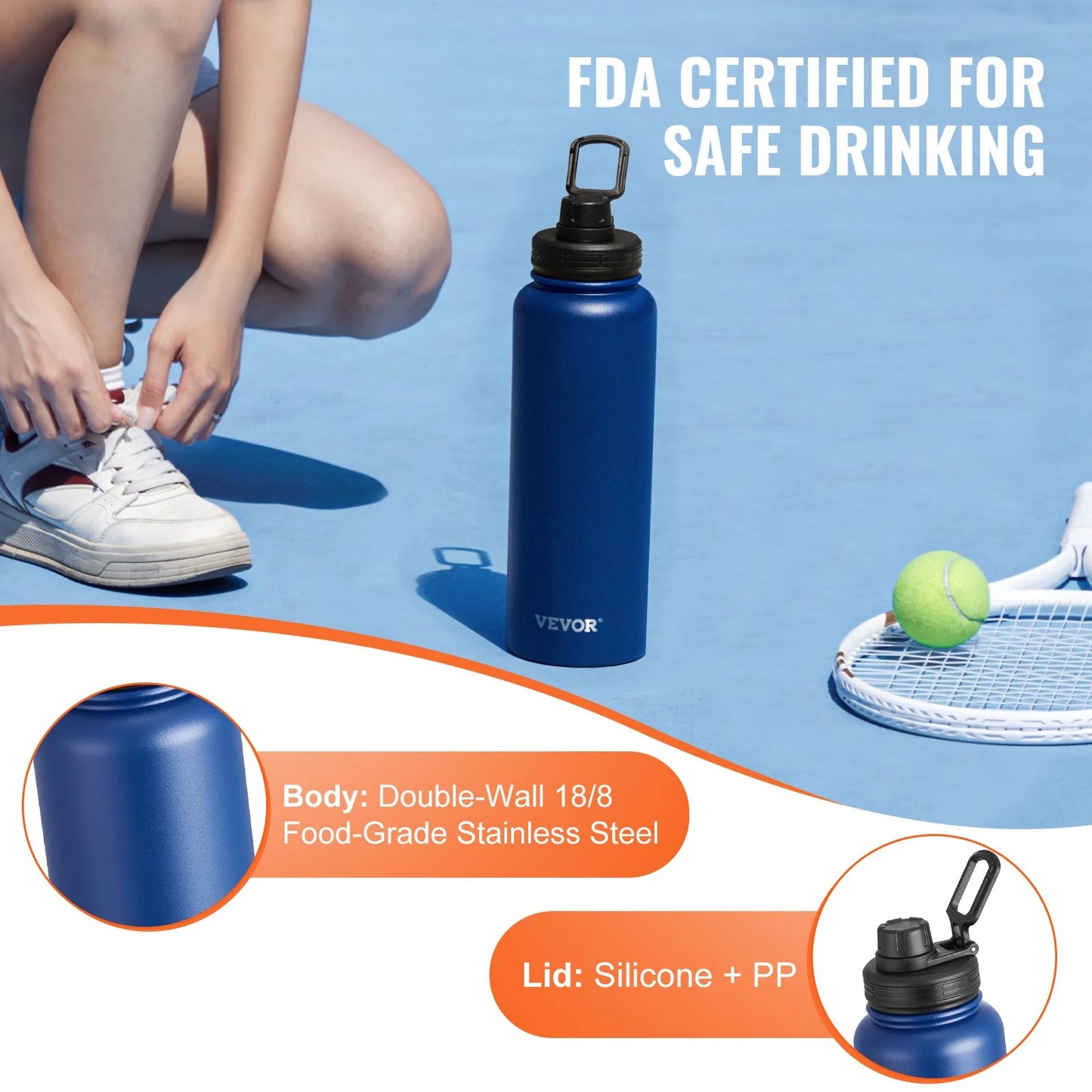 40 Oz Insulated Water Bottle Stainless Steel with Wide Mouth Lid Blue