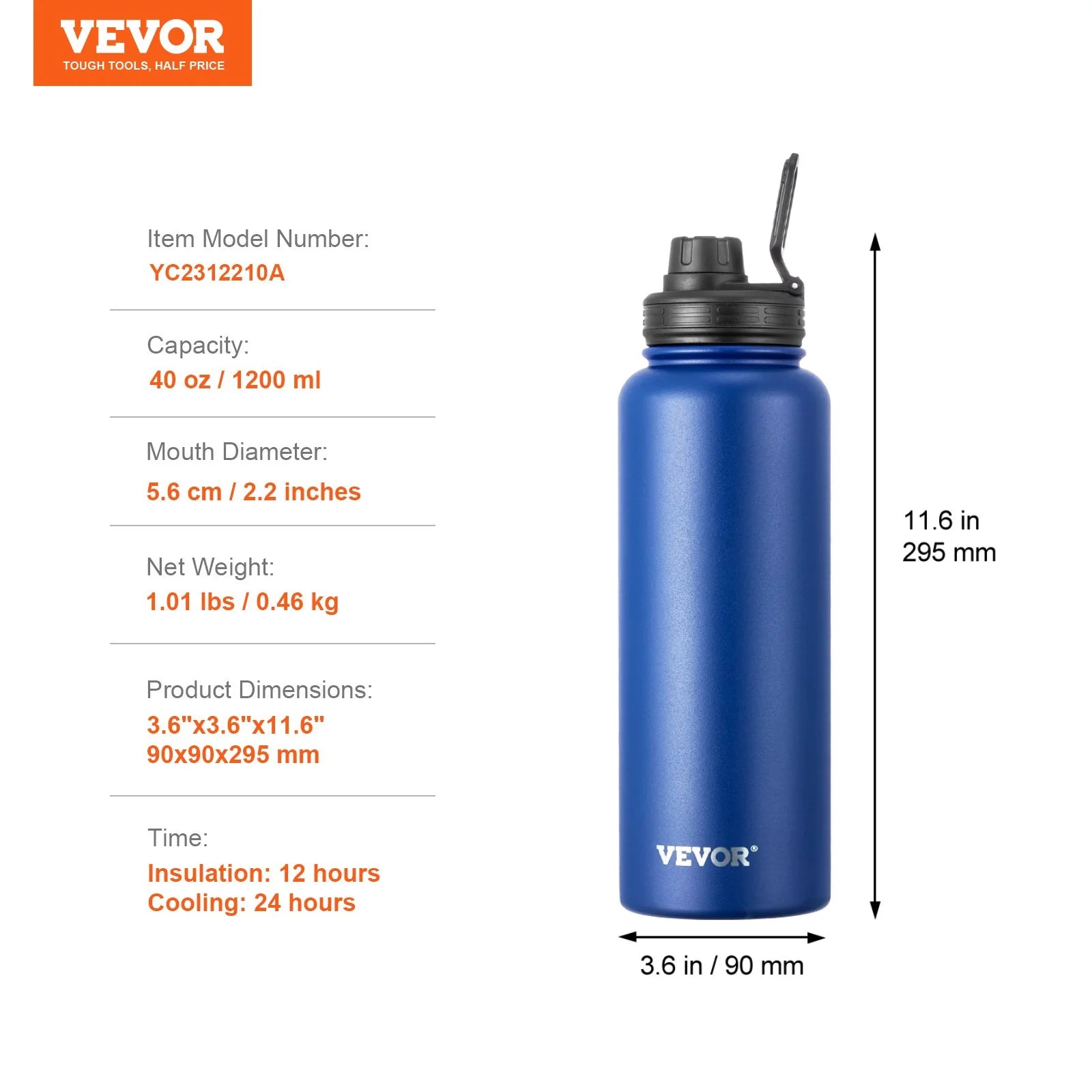 40 Oz Insulated Water Bottle Stainless Steel with Wide Mouth Lid Blue
