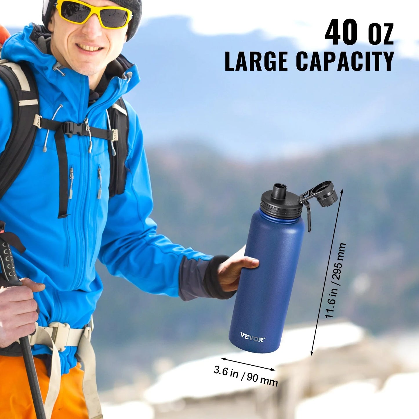 40 Oz Insulated Water Bottle Stainless Steel with Wide Mouth Lid Blue